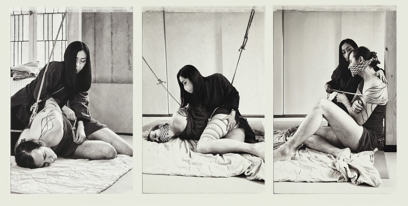 Artistic rope bondage photography in triptych format. Murasaki Haruan is tying Renée de Sans