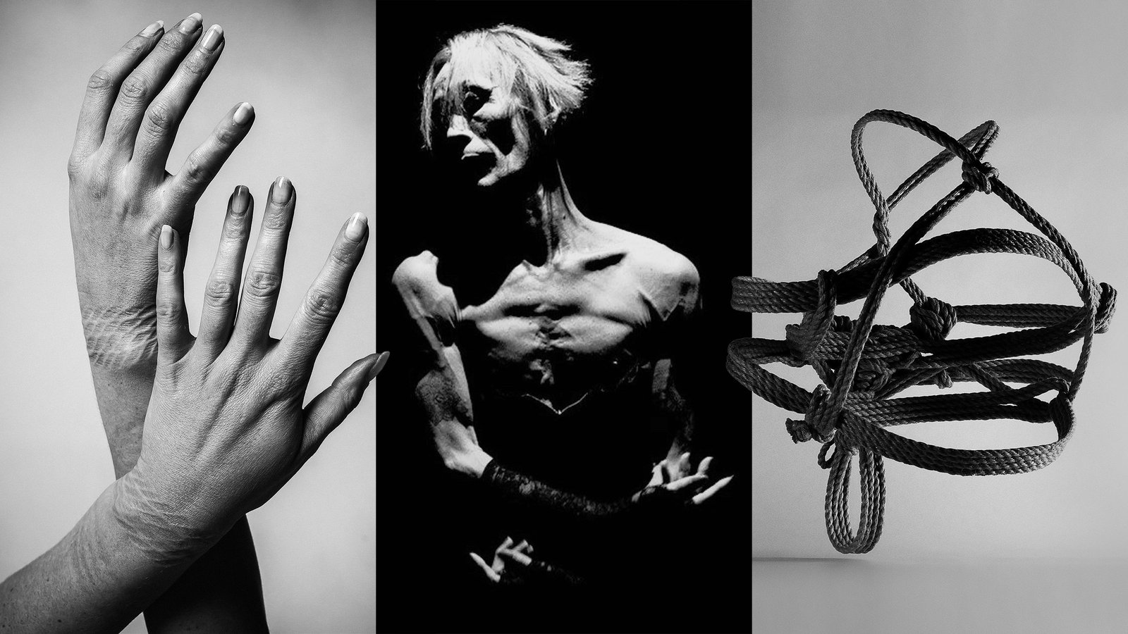 Artistic composition of hands, person, and rope sculpture.