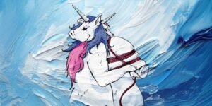 Unicorn in blue abstract background with pink mane