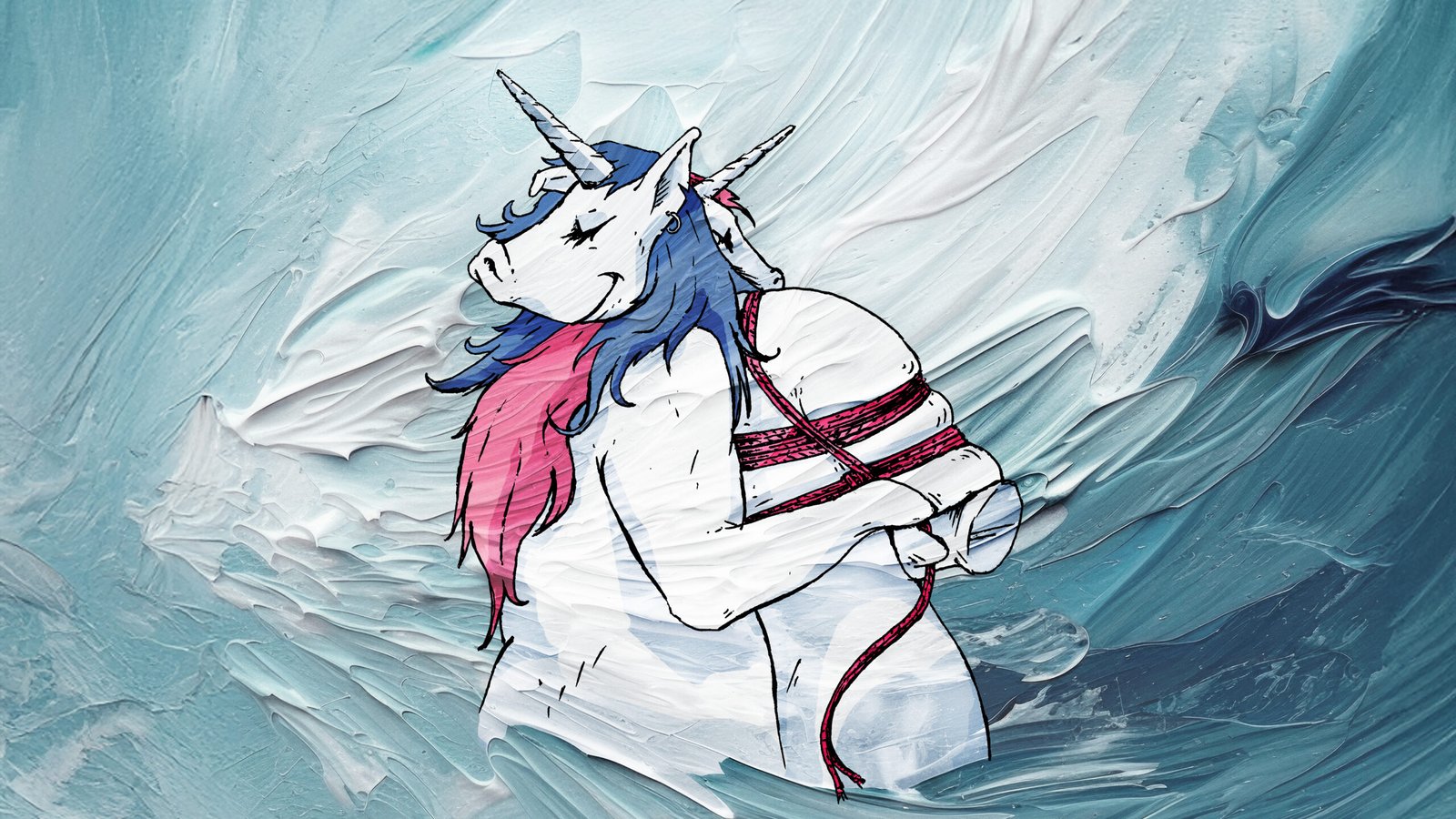 Unicorns embracing in artistic background