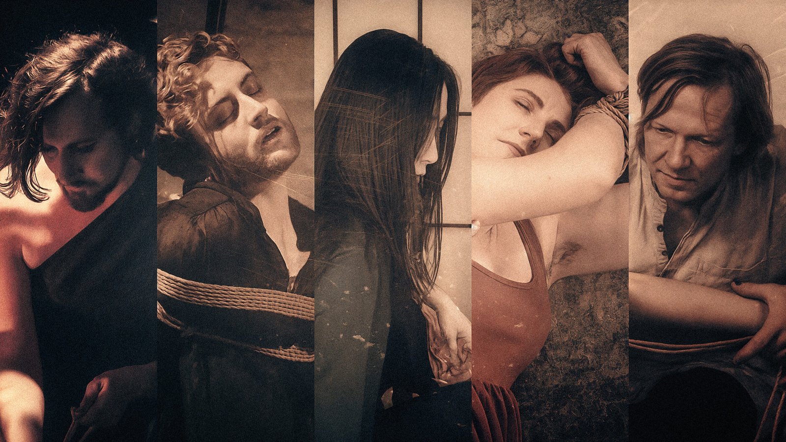 Sepia collage of five dramatic character portraits